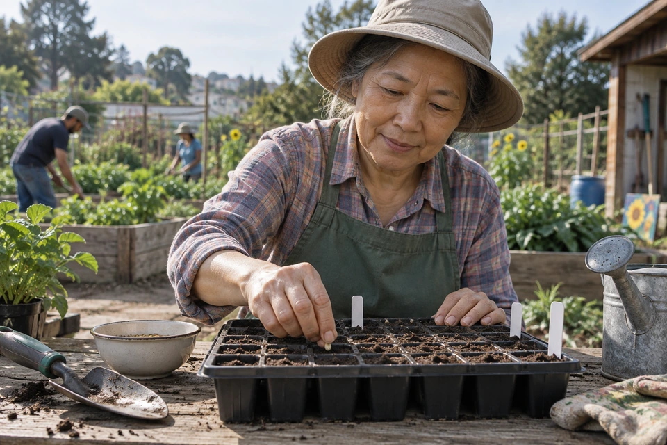 A gardener lowers a seed into a soil-filled planting tray while other gardeners work behind her.