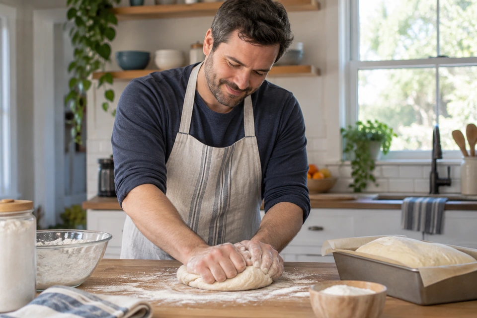 A man presses and folds dough with both hands on a floured kitchen worktop.