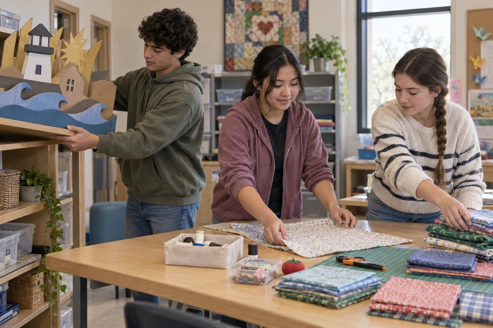 One young person places a cardboard display on a shelf while two others arrange patterned fabric at a worktable.