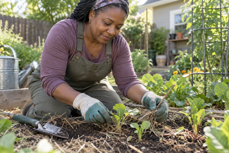 A gardener wearing gloves lifts dry stems and plant debris from around young leafy plants in a raised bed.