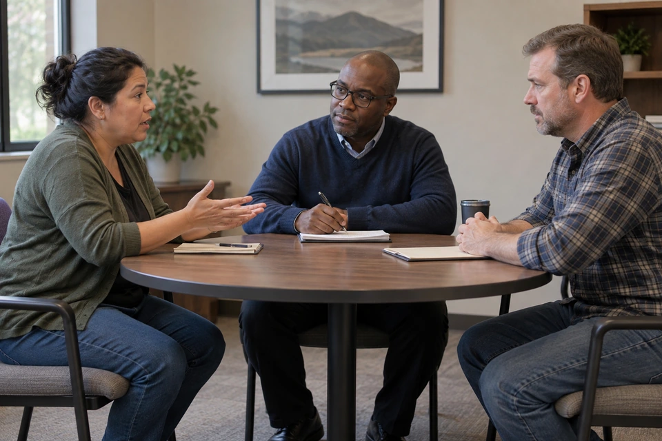 A woman speaks with open-hand gestures while two men listen around a table, one holding a pen above a notebook.