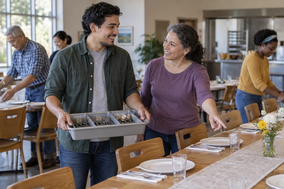 A man holds a tray of cutlery while a woman gestures toward places at a dining table and others prepare the room.