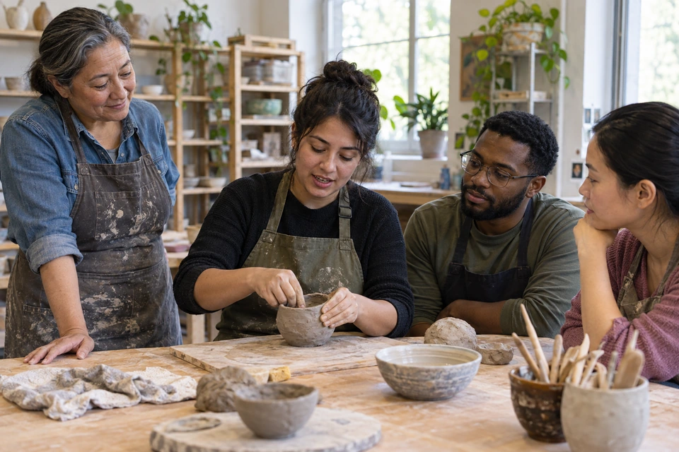 A woman shapes the rim of a clay pot while three adults watch around a pottery worktable.