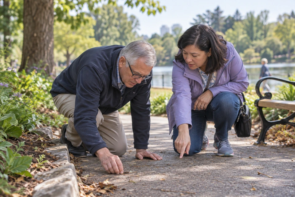 Two adults kneel beside a park path and examine the ground, with one pointing near the pavement.