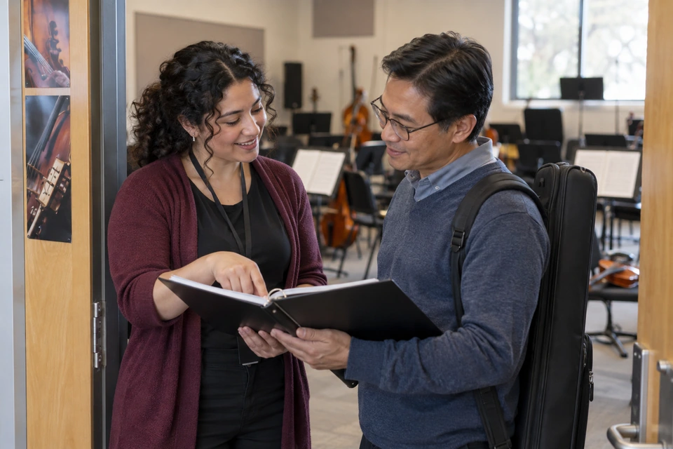A woman points into an open binder held by a man wearing an instrument case at a music-room doorway.