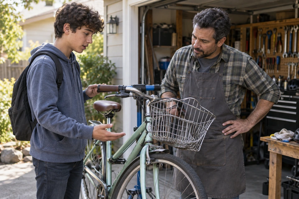 A teenager gestures beside a bicycle with a bent front basket while an adult in an apron listens.