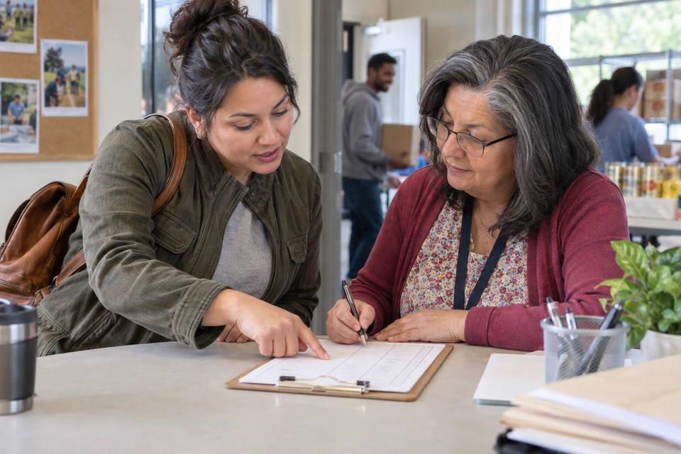One woman points to a form on a clipboard while another writes beside the indicated row.