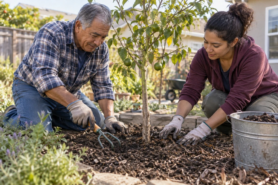 Two adults wearing gardening gloves tend the soil around a small fruit-bearing tree.