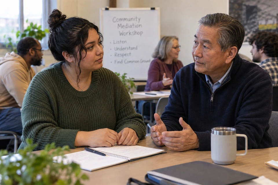 Two adults talk across an open notebook at a community mediation workshop while other participants converse behind them.