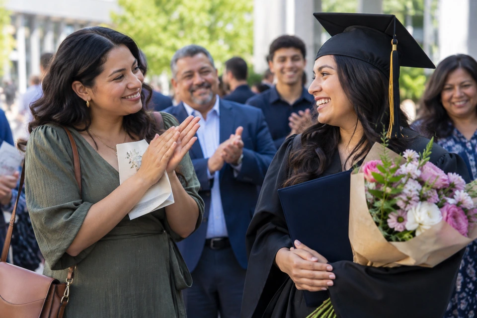 A woman applauds a smiling graduate who holds flowers and a folder, with others celebrating behind them.