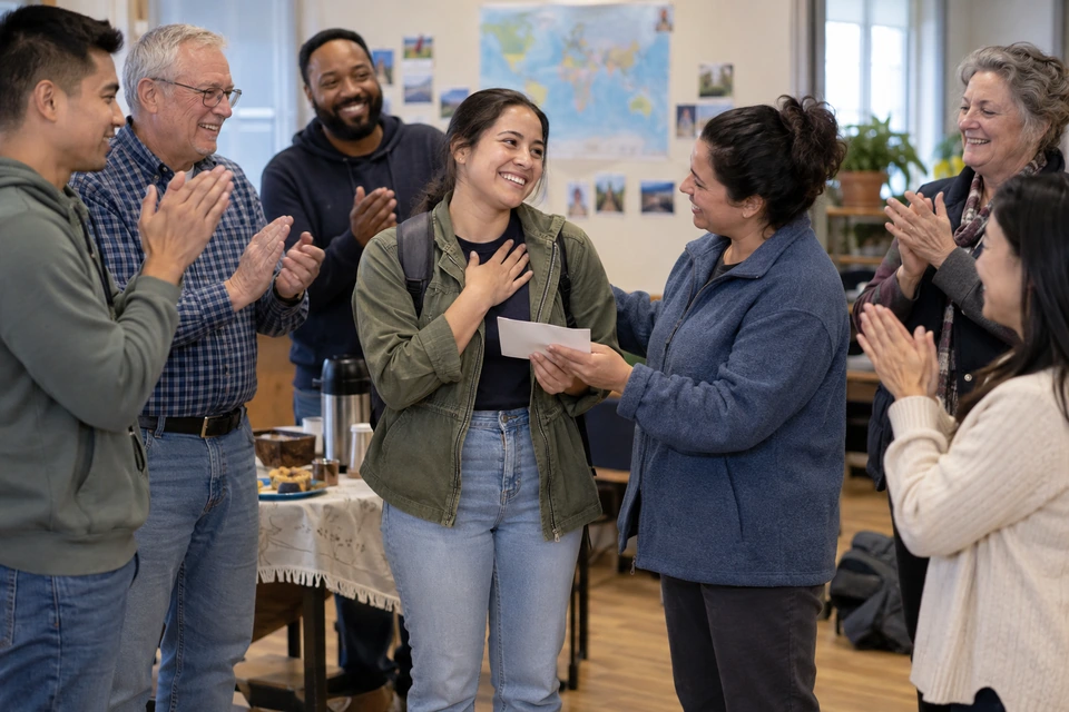A group applauds a smiling woman as another woman presents a small card beside her.