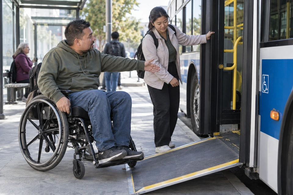 A wheelchair user gestures toward a lowered bus ramp while another rider stands beside the open entrance.
