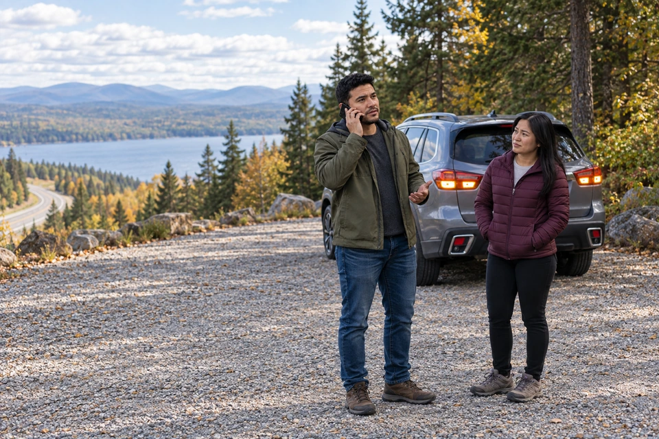 A man makes a phone call beside a woman and a parked SUV in a broad gravel pullout, with a road visible far downhill.