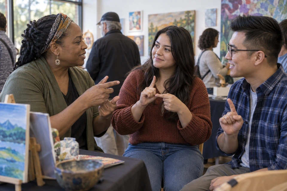 Three adults face one another and use hand gestures at an indoor arts gathering.
