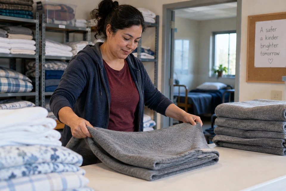 A woman folds a gray blanket at a table surrounded by shelves and stacks of bedding.