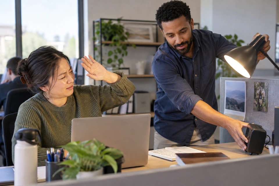 A woman raises her hand near her eyes while a coworker adjusts a bright desk lamp and a small fan beside her laptop.