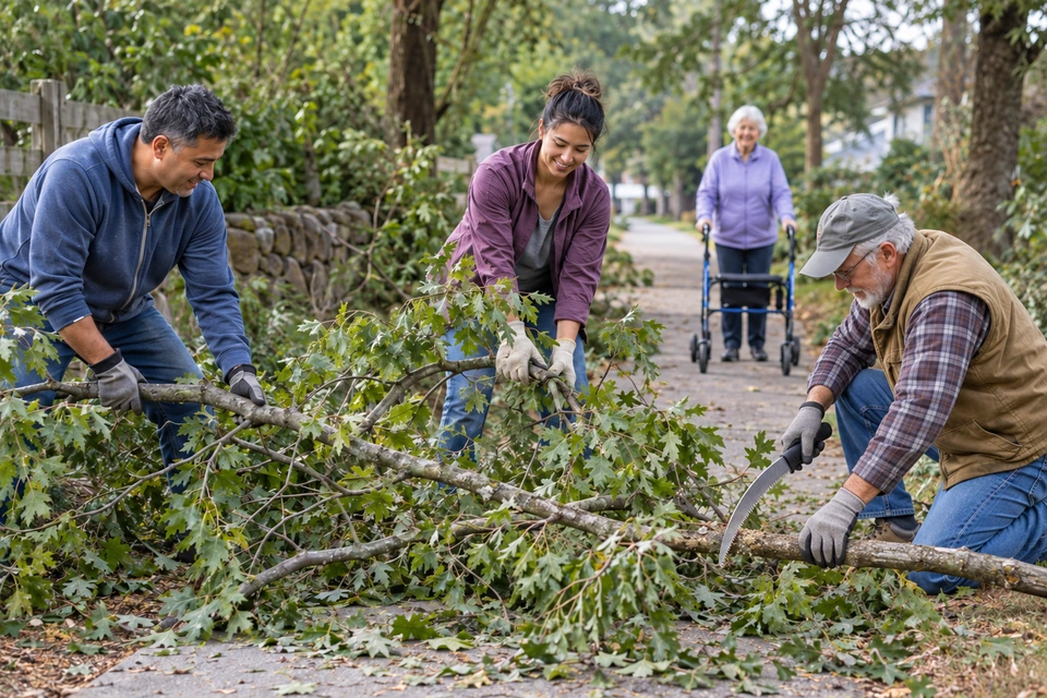 Three neighbors hold and work on a fallen leafy branch, with one positioning a curved pruning saw against a woody limb while a woman with a walker waits behind them.
