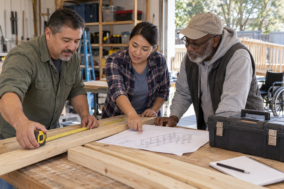 Three adults review a drawing beside lumber while one holds an extended tape measure along a board.