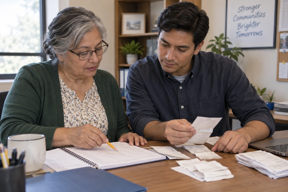 Two adults compare paper receipts with an open ledger at a desk.