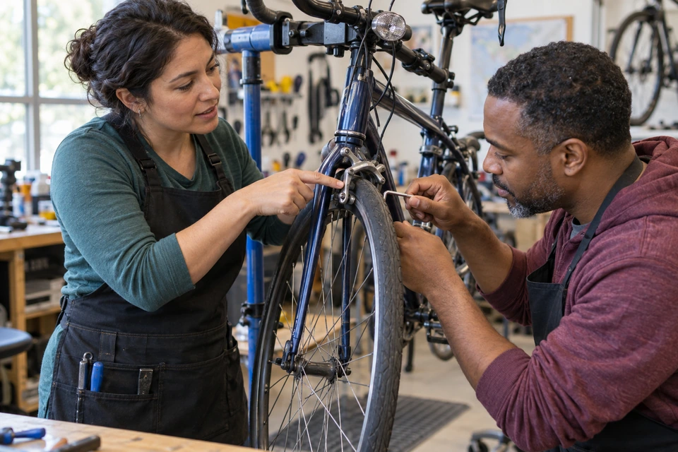 A woman points toward a bicycle's front brake while a man holds a hex key nearby and steadies the wheel.