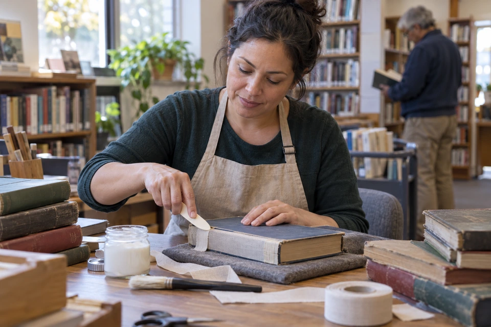 A woman uses a smooth hand tool on repair cloth at a book's spine while holding its cover steady.