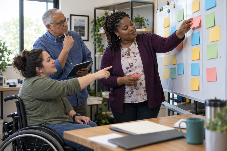 Three adults discuss a board of colored notes; one points from her wheelchair while another moves a note and a third holds a tablet.