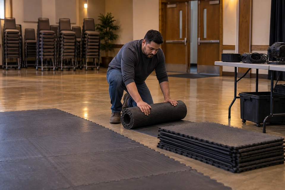 A man kneels to roll a dark floor mat in a hall with stacked chairs and stored equipment.