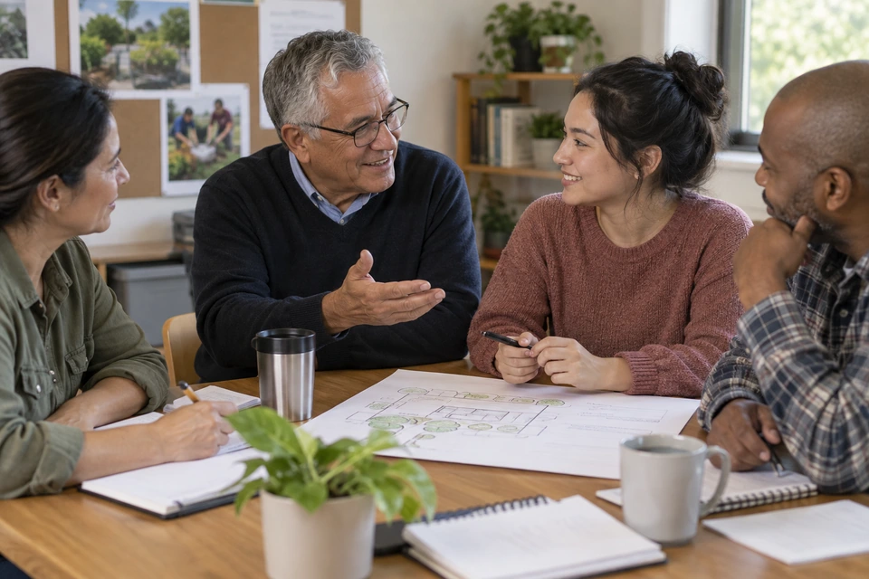 Four adults sit around a planning drawing as an older man gestures warmly toward a woman holding a pen.