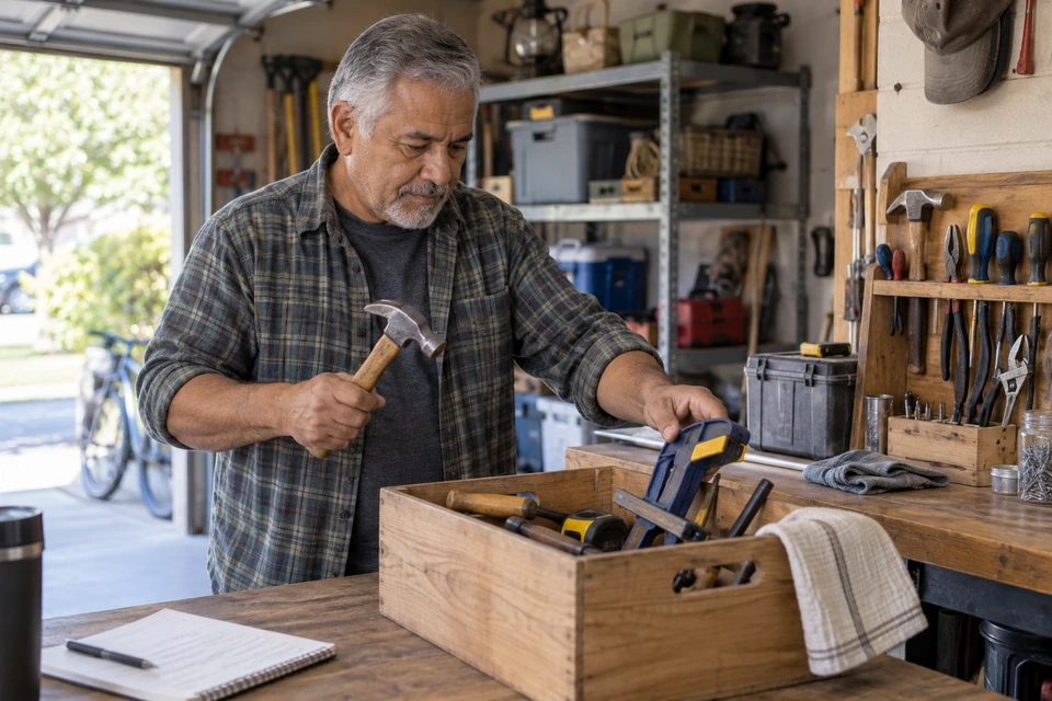 A man holds a hammer and a blue clamp over a wooden box containing hand tools in a workshop.