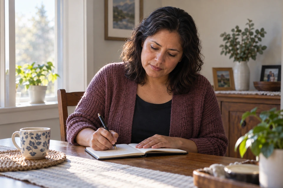 A woman writes in an open notebook at a table beside a window.