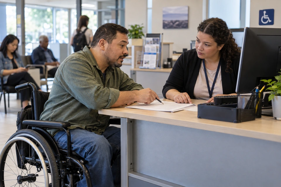A wheelchair user points with a pen to a document while a woman listens across a service desk.