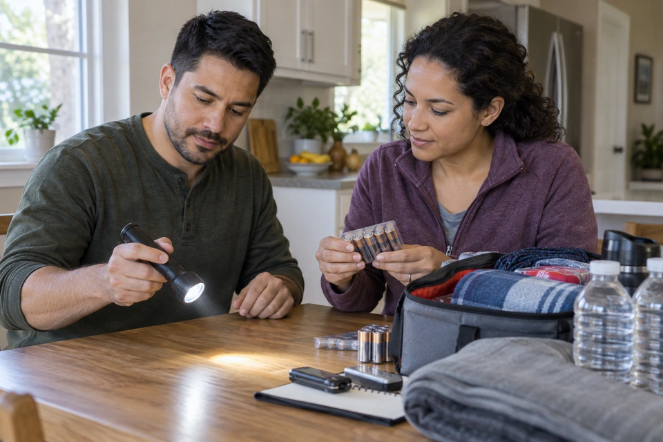 Two adults check a lit flashlight and a pack of batteries beside a bag of supplies on a kitchen table.