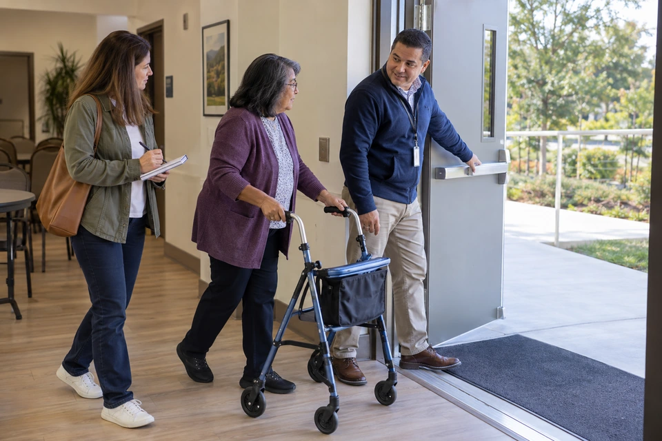 A woman with a rollator pauses by an open doorway while a man holds the push bar and another woman takes notes.