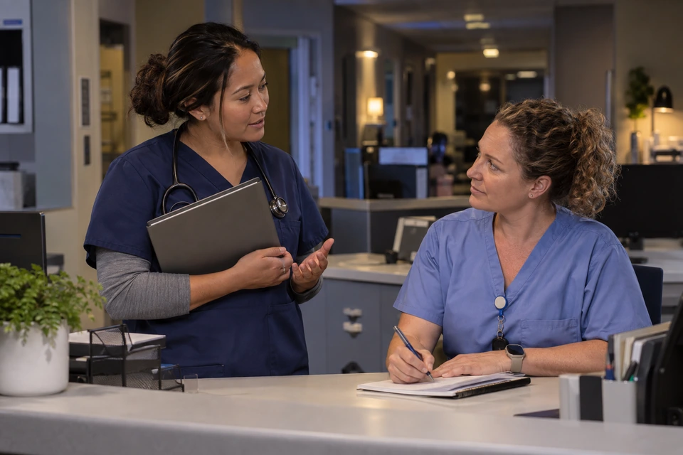 Two women in scrubs speak at a desk; one holds a closed folder while the other writes in a notebook.