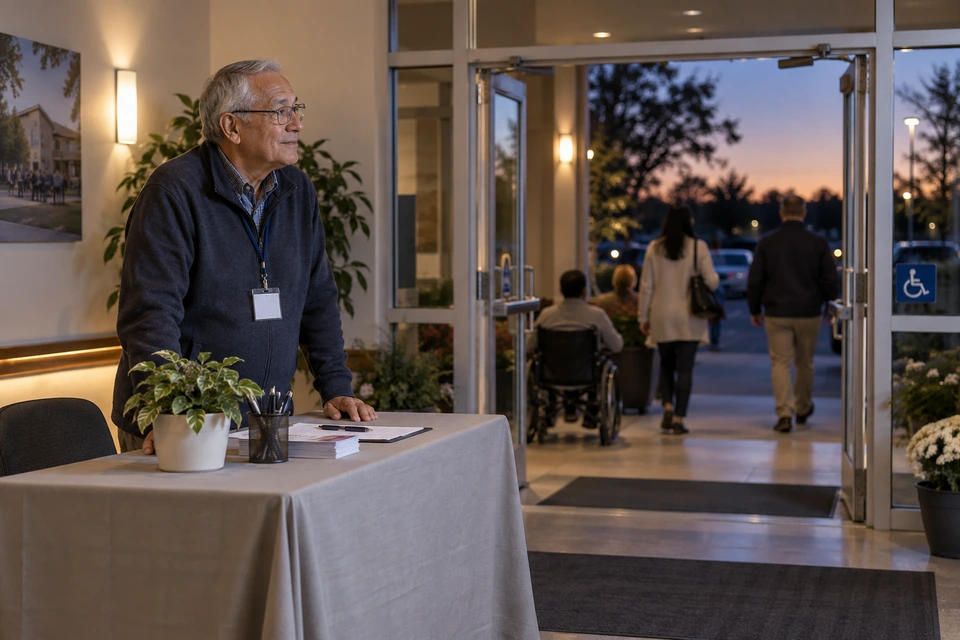 An older man stands at a check-in table near open entrance doors while people move through the lobby toward the outdoors.