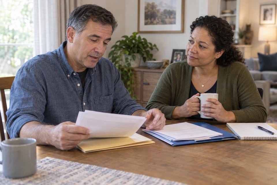 A man reviews papers at a table while a woman holding a mug listens beside him.