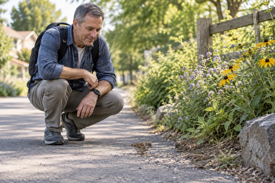 A man crouches beside a flower-lined path and watches four small brown birds pecking on the ground.