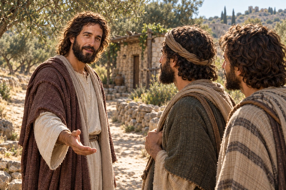 Jesus turns toward two disciples on a sunlit path and welcomes them with an open hand.