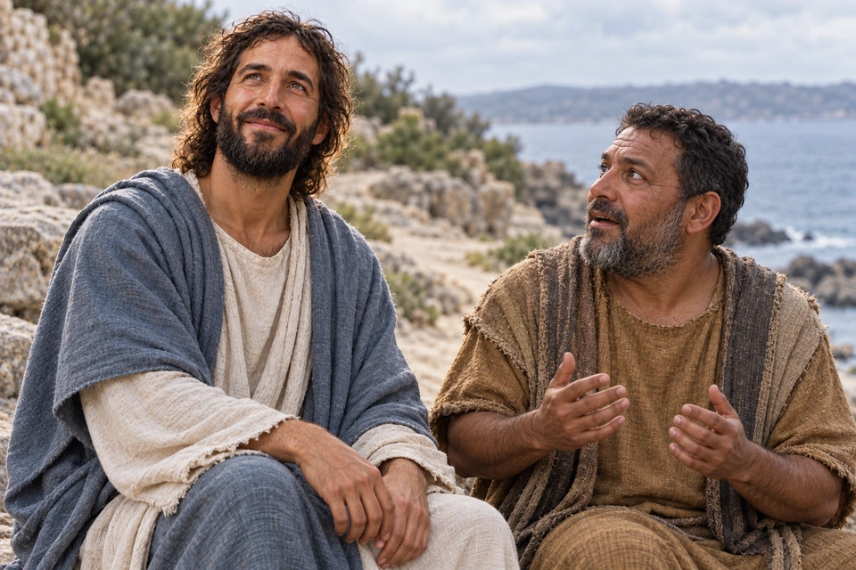 Jesus looks upward beside a man who turns toward Him with wonder.
