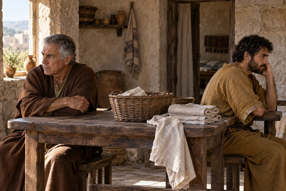 An older gray-haired man and a younger bearded man sit at opposite sides of a table, turned away from one another, with folded linen and a basket between them.