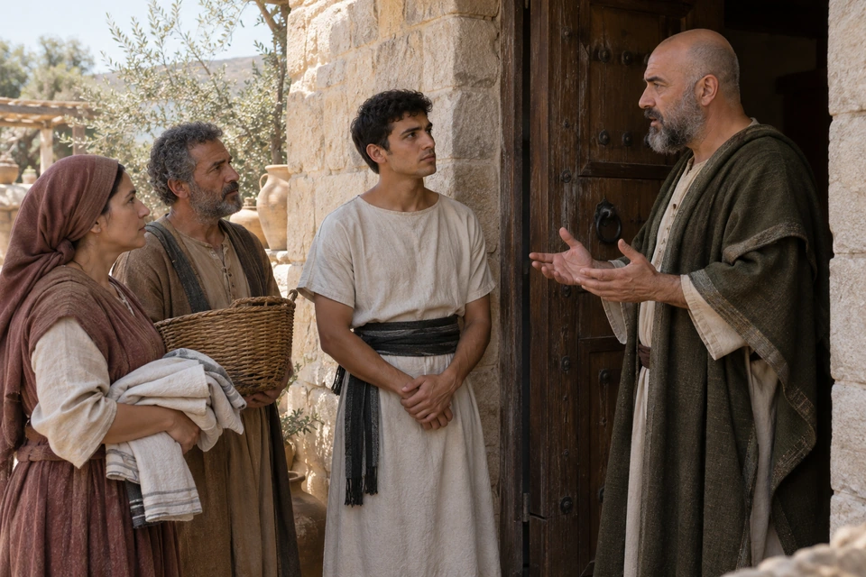 A bald, gray-bearded householder speaks with open hands to a young man and two other household workers standing at the doorway with linen and a basket.