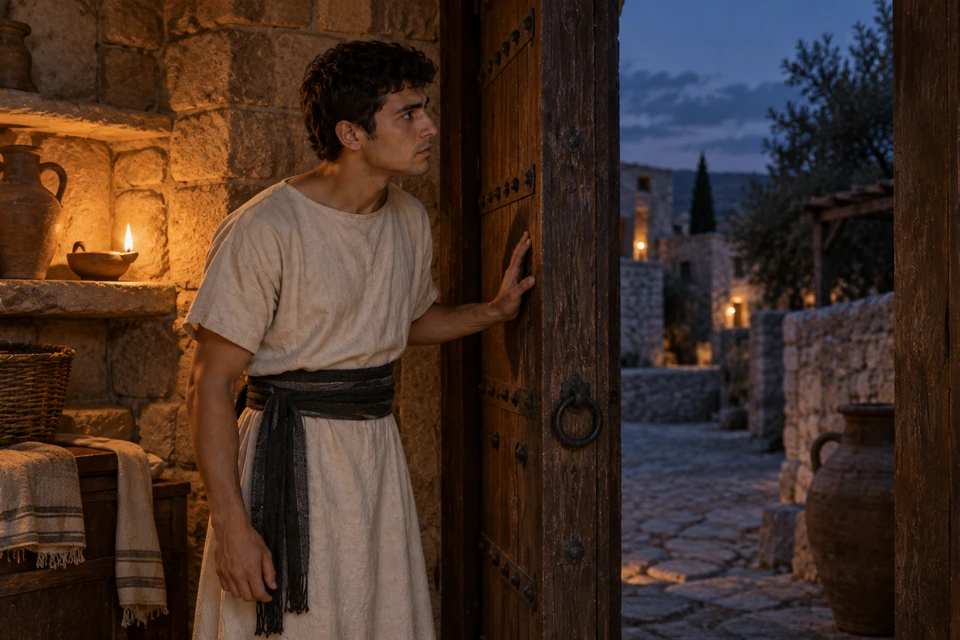 The young doorkeeper rests a hand on the open wooden door and looks out into a darkening lane, with an oil lamp burning on a shelf beside him.