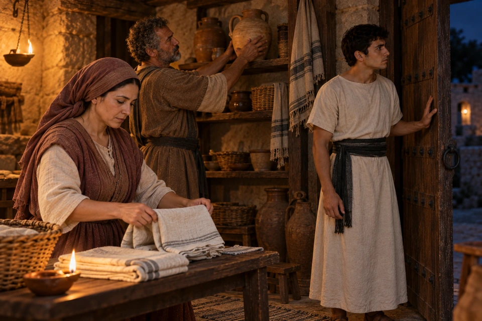 A woman folds linen at a table, a gray-haired man handles a large jar on a shelf, and the young doorkeeper looks out through the open doorway.