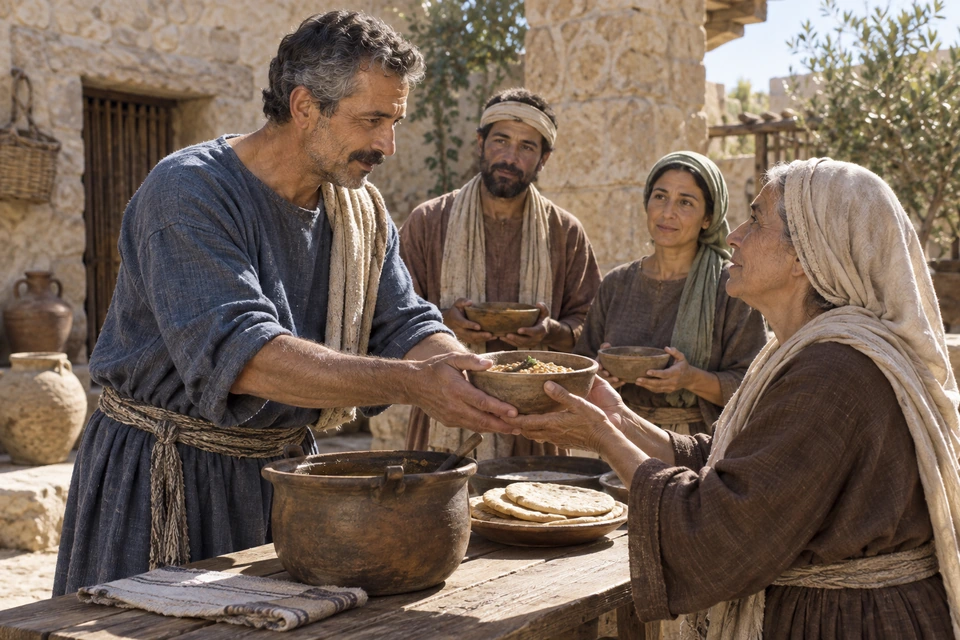 A steward in a blue tunic hands a filled bowl to an older woman while two other household members hold their meals.