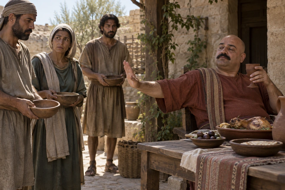 A seated man raises a hand toward three people holding bowls while keeping a cup beside his own food.