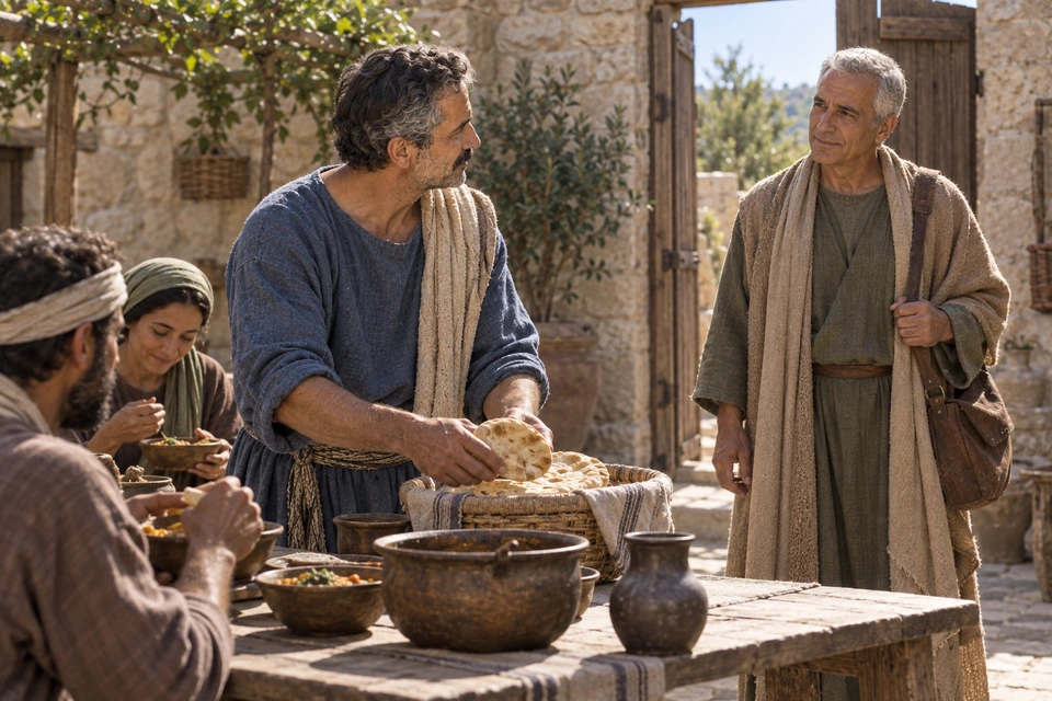 The blue-clothed steward holds bread beside a meal table and turns toward an older man standing in the open courtyard entrance.