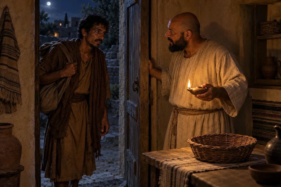 A traveler with a shoulder bundle meets a bald host holding an oil lamp at an open doorway, with an empty basket on the table inside.