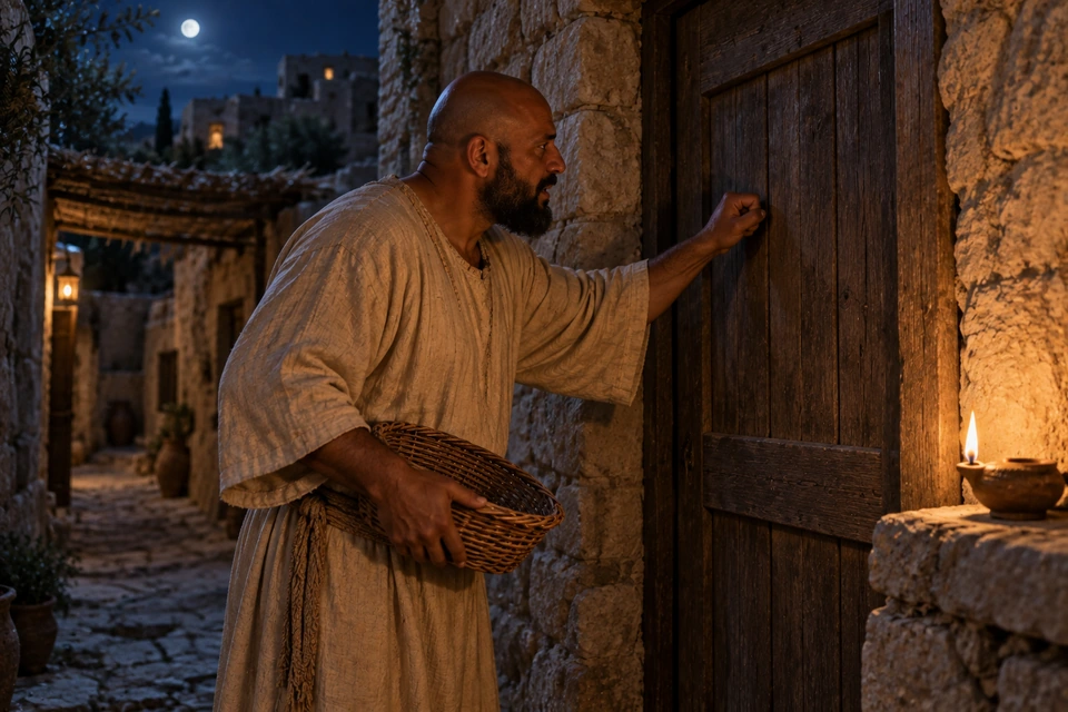 The same bald host holds an empty woven basket and raises his knuckles to a closed wooden door, with an oil lamp on a stone ledge.