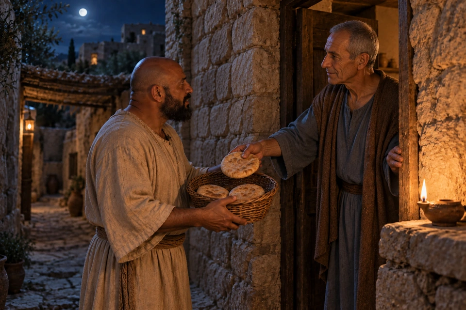 The bald host holds a basket containing two round loaves while an older gray-haired neighbor offers a third loaf through the open doorway, their eyes meeting.