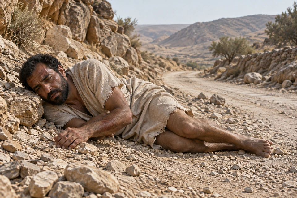 A wounded barefoot traveler lies beside rocks on a dry road, wearing a torn light tunic with bruises and abrasions visible on his face and arm.